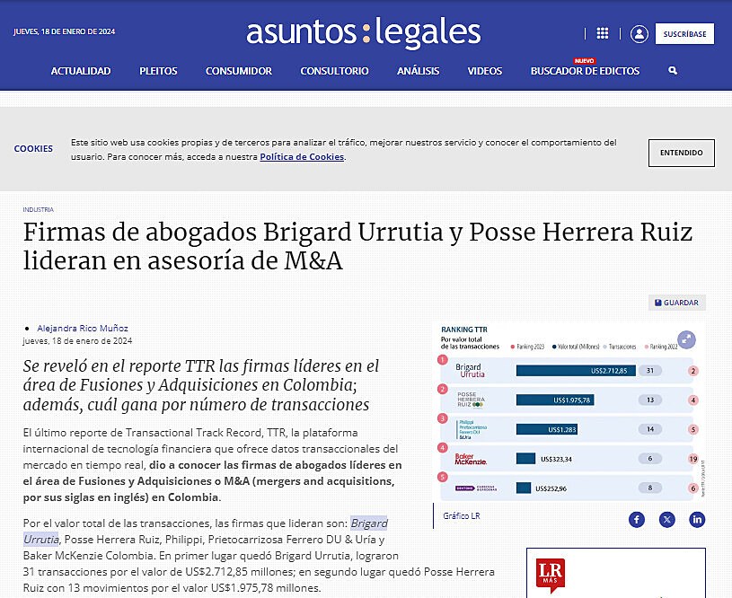 Firmas de abogados Brigard Urrutia y Posse Herrera Ruiz lideran en asesora de M&A